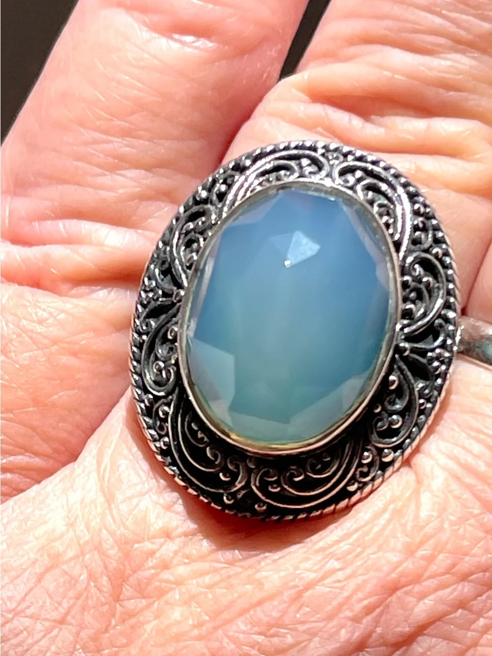 Vintage Sajen Ornate Sky Blue Quartz Faceted Statement Ring 925 Sterling 7